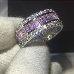 Handmade Lovers ring Full princess cut 5A Pink zircon stone White gold filled Engagement wedding band rings for women men Bijoux6498864