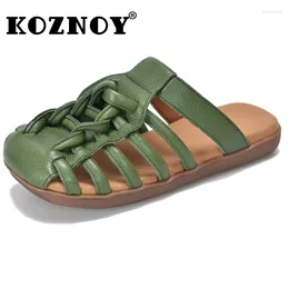 Slippers Koznoy 2.5cm Sandas Weave Genuine Leather Women Boots Comfy Summer Oxfords Slipper Rubber Hollow Ankle Flats Breathable Shoes