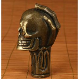 Sculptures Chinese Ancient Bronze Hand Carved Skull Statue Crutch Cane Head