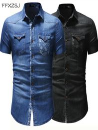 2020 New Mens Fashion Short Sleeve Slim Fit Jeans Shirts High Street Single Breasted Denim Solid Turn Down Collar Casual Shirts4580683