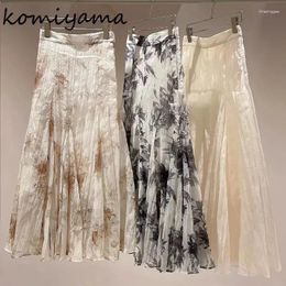 Skirts Japanese Elegant Print Skirt Spring 2024 High Waist Draped Faldas Mujer A Line Pleated Womens Fairy Chic Jupe Femme