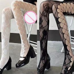 Women Socks Sexy Fishnet Sock Girl Black White Rose Lace Side Hollow Out Jacquard Stockings Soft Comfortable Ultra-Thin Tight Stocking