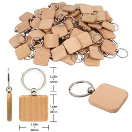 20Pcs 40mm Blank Wooden Keychain Dog Tags Key Ring Rectangular Engraving ID Engraved DIY Pendant Gift 240508