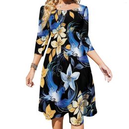 Casual Dresses Blue Bird Dress Womens Flowers Print Street Wear Sexy Retro Design Vestido Big Size