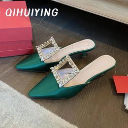 Slippers 2024 Arrival Summer Silk Shallow Pointed-Toe Kitten Heel Woman Square-Button Decora Stiletto Ladies Wedding