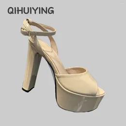 Dress Shoes Fashion Top Quality Handmade Genuine Leather Ankle-Strap Platform Super High Heel Woman Sandals Peep-Toe Women Party