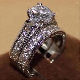Cluster Rings 2 Pcs/set Fashion Silver Plated Round Cut Clear CZ Crystal Rhinestones Wedding Bridal Ring Set Jewellery #257049