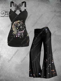 Women's Pants PLstar Cosmos 3D Printed Moon Art Retro Print Butterfly Vest Wide Leg Two-piece Set