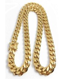 Edelstahlschmuck 18K Gold plattiert hochpolierter Miami Cuban Link Halskette Punk 15 mm Bordsteinkette Doppel Sicherheitsverschluss 18INC6802986