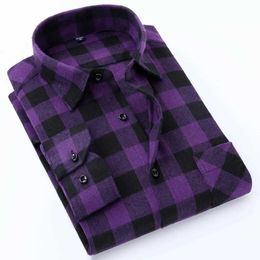 Men's Casual Shirts Mens Slim-fit Casual Brushed Flannel Contrast Plaid Shirt Single Patch Chest Pocket Comfortable Soft Long Slve Gingham Shirts T240508