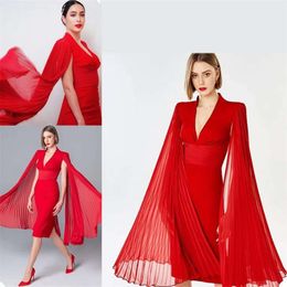 V helle lange Nackenkleider Abschlussball rote Ärmel Rüschen formelle Partykleider Vestidos de fiesta moderne Mode knielange Abendkleid Estidos