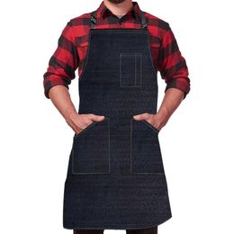 Aprons Kitchen Denim Apron Men Women With Pocket Chefs Cooking Adjustable Baking Black Blue Simple Uniform Water Proof Dropship 2353