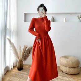 Casual Dresses Winter Women 2024 Vintage O Neck Long Sleeve Pullover Korean Fashion Elegant Lady Knitting Dress Slim Waist Knitwear