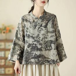 Women's Blouses Johnature 2024 Woman Spring Chinese Style Collar Cotton Linen Vintage Shirt Loose Print Long Sleeves Personality