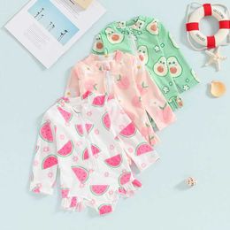 One-Pieces 2024 Preschool and Childrens Clothing Girls Swimsuit Fruit Print Zipper Frilly Tight fitting Swimsuit Baby Swimsuit H240508