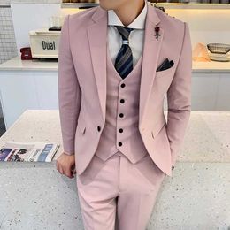 Men's Suits Blazers Dusty Pink Mens Ultra Thin Set Single Chest Notched Lapel Wedding Elegant Formal Clothing Three piece Customised Jacket Pants and Tank Top Q240507