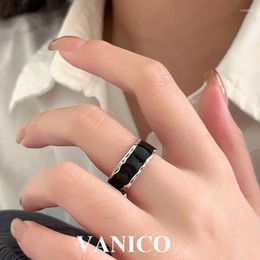 Cluster Rings Black Enamel Bands Ring Sterling Silver Minimalist Simple Chunky 6MM Thick Comfort Fit Open Adjustable Jewellery For Women