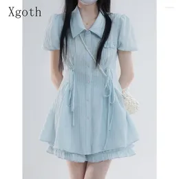 Casual Dresses Xgoth Princess Dress Sweet Lapel Solid Short Sleeve Simple Korean Style Retro Luxury Skirts Summer Female Clothes