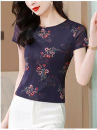 Women's T Shirts Summer O-neck Print Short Sleeve T-shirts Tops Girls Stretchy Sheath Floral Tees Shirt For Female BH6150