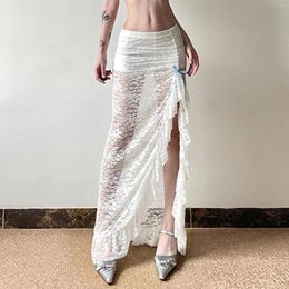 Skirts Y2k White Fairycore Boho Floral Lace Maxi High Slit Sexy Low Waist Bow Splicing Solid Color Hip Wrap Dress 2024