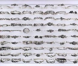 Band Bulk lots 100pcs Antique Silver Plated Multi styles for Women Vintage Ladies Flower Fashion Finger Retro Jewelry 2211255088856