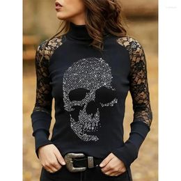 Women's T Shirts Zircon Lace T-shirt Women Sexy Slim High Collar Long Sleeve Tee Female Gothic Black Tops