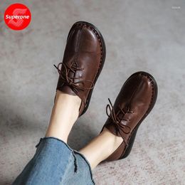 Casual Shoes Superone Spring And Autumn Leather Deep Mouth Single Flat Bottomed Retro Handmade Women's Cow Tendon Soft Soled