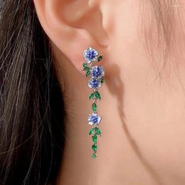 Dangle Earrings Women Flower Leaves Long Drop Silver Color Blue White Epoxy Green Crystal Stones Luxury For Girls Jewelry
