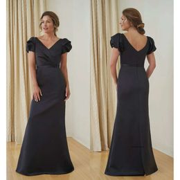 Black Mermaid Jasmine Mother of The Bride Dress V Neck Short Sleeve Sash Ruched Wedding Guest Dresss Floor Length Evening Gown 0508