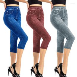 Women's Jeans Summer Women Denim Print Leggings Fashion Slim Faux Stretch High Waist Leggins Knee Length Pants