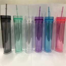 US Shipping BPA Free 16 oz Acrylic Clear Tumblers With Lid&Straw 6 Colour Plastic Water Bottles Double Wall Drinking Cups A12 267F