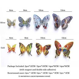 3PCSFridge Magnets 12Pcs Gold/Silver Double Layer 3D Butterfly Wall Stickers Home Decoration Holographic Butterflies Magnet Fridge Wedding Decals