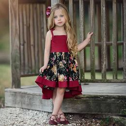 Girl's Dresses Preschool summer dress baby clothing girl clothing girl belt red floral print princess party dress childrens clothing girl clothingL240508