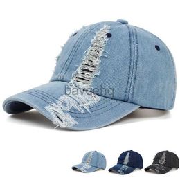 3Z96 Ball Caps Holed Baseball Caps Vintage Washed Distressed Cap Fashion Sports Denim Hats Plain women Men Dad Caps d240507