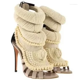 Dress Shoes Peep Toe Sandals Woman Knitted Wool Patched Gladiator High Heel Luxury Pearl Embellished Ladies Cutouts Heels
