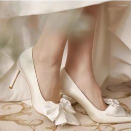 Dress Shoes Women's Pumps 2024 Fashion Point Toe White Bow-knot Heels Bridal Of Women Bridesmaid Wedding Female Sexy Thin