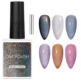 Nail Gel Polish Universal Rainbow 9D Sparkly Cat Eye 10ml Holographic Glitter with Magnet Stick Soak Off UV/LED Q240507