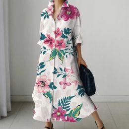 Womens Floral Print Shirt Dresses Casual Midi Holiday Fall Loose Beach Sundresses Robes Vestidos 240422