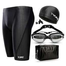 Men Swimming Shorts Waterproof Competition Swim Equipment Goggles with Ear-plug Cap Case Trunks Briefs Swimwear Half Pants 240508