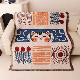 Blankets Kawaii Cat Blanket Rural American Sand Hair Towel Covers For Couch Sofa Decorative Slipcover Lucky Cat Knitted Blankets