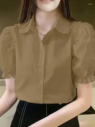 Women's Blouses Women Shirts 2024 VONDA Fashion Tunic Summer Tops Casual Solid Color Short Puff Sleeve Lapel Loose Elegant Blusas Femme