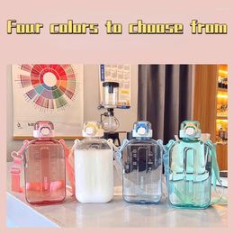 Water Bottles 750ml Bottle Flat Type Space Cup With Straps Transparent Graduated Time Prompt Portable Drinking Kettle Bottled 1PC