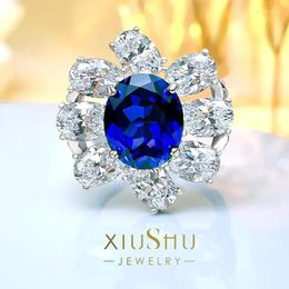 Cluster Rings Fashionable And Elegant High Top Flower Red Royal Blue Treasure Ring 925 Sterling Silver Luxury Style Wedding Jewellery
