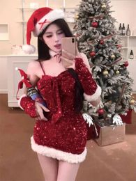 Party Dresses Korobov Sequin Bow Halter Dress Women Clothing Autumn Winter Red Christmas Wear Slim-fit Skirts Korean Fashion Package Hip