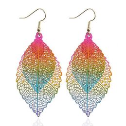 Fashion Luxury Boho Double Colour Leaf Dangle Earrings Big Pink Rainbow Leaves Long Tassels Drop Earring For Women Jewelry3964804