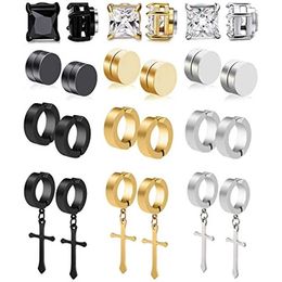 Stud 1/12 pairs of stainless steel cross pendant clip earrings non perforated false ring screw suitable for mens fashionable jewelry Q240507