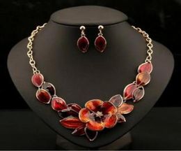 Beautiful Flower Womens Jewelry Sets 4 Color Option Gold Plated Enamel Statement Pendant Bib Necklace Earring Set9697125