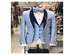 Light Blue Wedding Groom Tuxedos Black Shawl Lapel One Button 3 Piece Suit Blazer Prom Suit Jackets VestPantsBow5555470