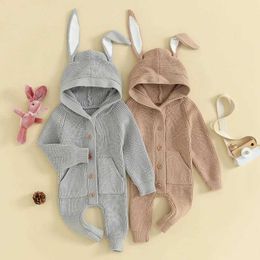 Rompers Baby Girls Boys Knit Romper Easter Clothes Bunny Ears Hooded Buttons 1-Piece Long Sleeve Spring Jumpsuits Outfits H240508