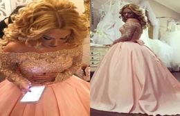 2018 New Cheap Pink Prom Dresses Off Shoulder Long Sleeves Lace Appliques Beaded Formal Special Occasion Evening Dress Party Gowns6834509